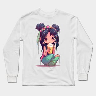 Cute Fairy & Boba Tea Funny Food Retro Japonese Anime Long Sleeve T-Shirt